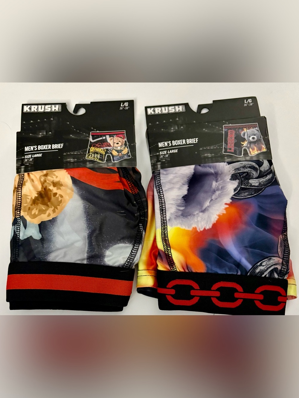 NEW 2 Pr Krush Men's Teddy Bear Boxer Briefs Size L 36-38 Legend Regret Nothing